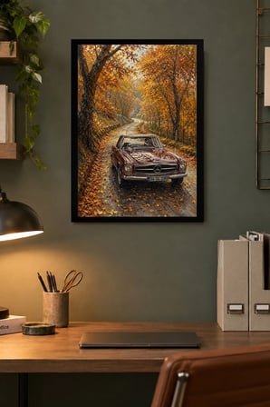 Sonbahar Yolunda Klasik Otomobil Desenli Dekoratif MDF Tablo, Çerçeve Görünümlü Ahşap Poster