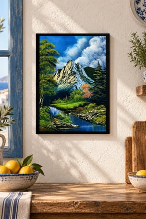Dağ ve Şelale Vadisi Desenli Dekoratif MDF Tablo, Çerçeve Görünümlü Ahşap Poster