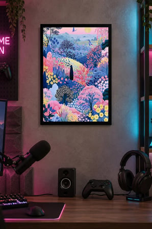 Renkli Çiçekli Tepe Desenli Dekoratif MDF Tablo, Çerçeve Görünümlü Ahşap Poster