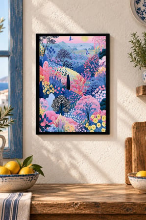 Renkli Çiçekli Tepe Desenli Dekoratif MDF Tablo, Çerçeve Görünümlü Ahşap Poster