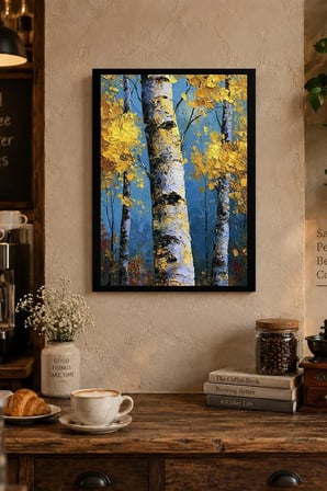 Sarı Yapraklı Ağaçlar Desenli Dekoratif MDF Tablo, Çerçeve Görünümlü Ahşap Poster