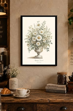 Beyaz Çiçek Buketi İllüstrasyonu Desenli Dekoratif MDF Tablo, Çerçeve Görünümlü Ahşap Poster