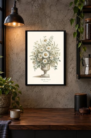 Beyaz Çiçek Buketi İllüstrasyonu Desenli Dekoratif MDF Tablo, Çerçeve Görünümlü Ahşap Poster