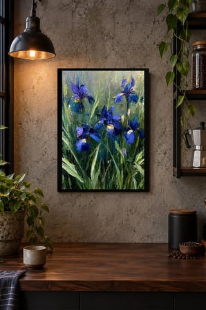 Mavi Çiçekler Desenli Dekoratif MDF Tablo, Çerçeve Görünümlü Ahşap Poster