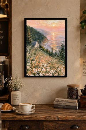 Çiçekli Dağ Yamaçları Desenli Dekoratif MDF Tablo, Çerçeve Görünümlü Ahşap Poster