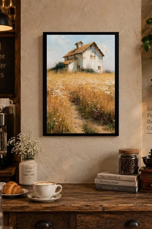 Kır Evi ve Altın Otlar Desenli Dekoratif MDF Tablo, Çerçeve Görünümlü Ahşap Poster