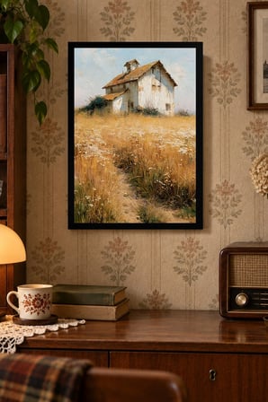 Kır Evi ve Altın Otlar Desenli Dekoratif MDF Tablo, Çerçeve Görünümlü Ahşap Poster