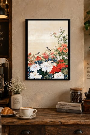 Kırmızı Beyaz Çiçek Buketi Desenli Dekoratif MDF Tablo, Çerçeve Görünümlü Ahşap Poster