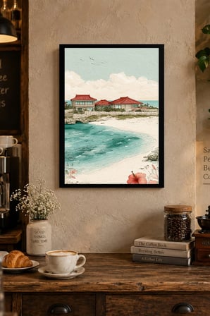 Kıyıda Beyaz Evler ve Turkuaz Deniz Desenli Dekoratif MDF Tablo, Çerçeve Görünümlü Ahşap Poster