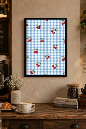 Kareli Zeminde Kirazlar Desenli Dekoratif MDF Tablo, Çerçeve Görünümlü Ahşap Poster