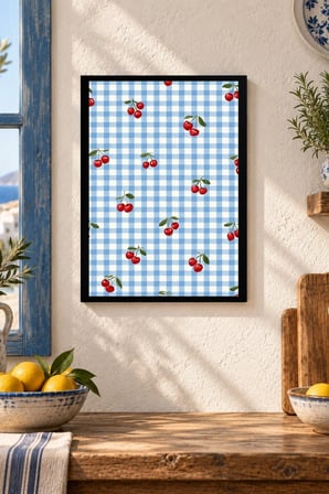 Kareli Zeminde Kirazlar Desenli Dekoratif MDF Tablo, Çerçeve Görünümlü Ahşap Poster