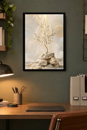 Taşlar Üzerinde İnce Ağaç Desenli Dekoratif MDF Tablo, Çerçeve Görünümlü Ahşap Poster