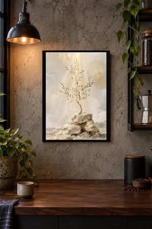 Taşlar Üzerinde İnce Ağaç Desenli Dekoratif MDF Tablo, Çerçeve Görünümlü Ahşap Poster