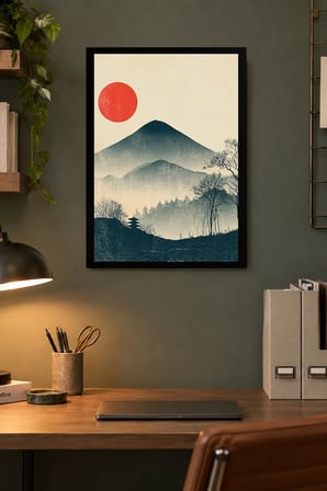 Kırmızı Güneşli Dağ Silüeti Desenli Dekoratif MDF Tablo, Çerçeve Görünümlü Ahşap Poster