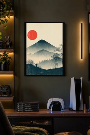 Kırmızı Güneşli Dağ Silüeti Desenli Dekoratif MDF Tablo, Çerçeve Görünümlü Ahşap Poster