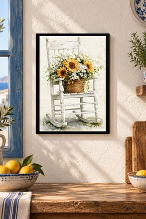 Sallanan Sandalye ve Ayçiçekleri Desenli Dekoratif MDF Tablo, Çerçeve Görünümlü Ahşap Poster