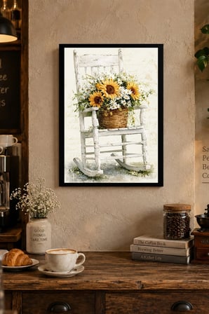 Sallanan Sandalye ve Ayçiçekleri Desenli Dekoratif MDF Tablo, Çerçeve Görünümlü Ahşap Poster
