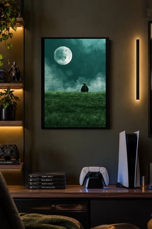 Ay Işığında Çimenlik Desenli Dekoratif MDF Tablo, Çerçeve Görünümlü Ahşap Poster