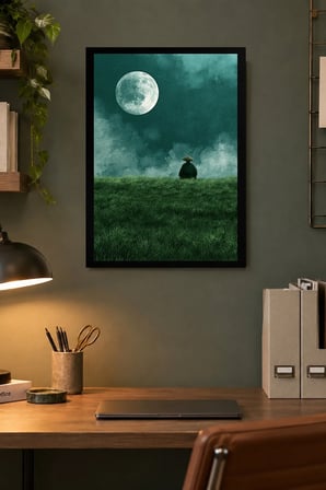 Ay Işığında Çimenlik Desenli Dekoratif MDF Tablo, Çerçeve Görünümlü Ahşap Poster