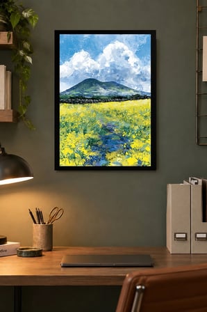 Sarı Çiçekli Dağ Kırları Desenli Dekoratif MDF Tablo, Çerçeve Görünümlü Ahşap Poster