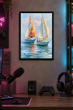 Renkli Yelkenliler Desenli Dekoratif MDF Tablo, Çerçeve Görünümlü Ahşap Poster