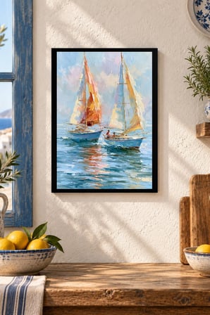 Renkli Yelkenliler Desenli Dekoratif MDF Tablo, Çerçeve Görünümlü Ahşap Poster
