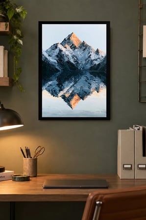 Yansımalı Dağlar Desenli Dekoratif MDF Tablo, Çerçeve Görünümlü Ahşap Poster