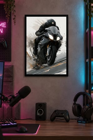 Siyah Sportif Motosiklet Desenli Dekoratif MDF Tablo, Çerçeve Görünümlü Ahşap Poster