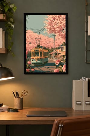 Çiçekli Sokakta Tramvay Desenli Dekoratif MDF Tablo, Çerçeve Görünümlü Ahşap Poster