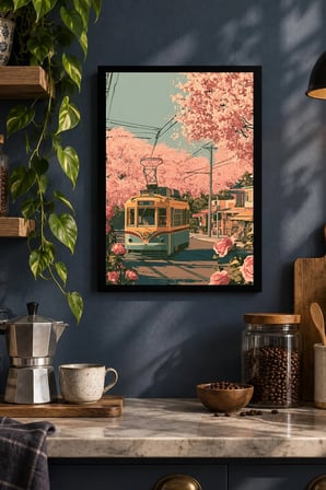 Çiçekli Sokakta Tramvay Desenli Dekoratif MDF Tablo, Çerçeve Görünümlü Ahşap Poster