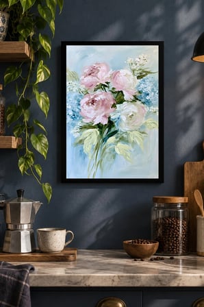 Pastel Renkli Çiçek Buketi Desenli Dekoratif MDF Tablo, Çerçeve Görünümlü Ahşap Poster