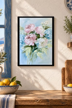 Pastel Renkli Çiçek Buketi Desenli Dekoratif MDF Tablo, Çerçeve Görünümlü Ahşap Poster