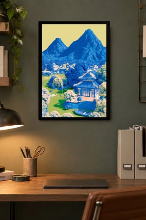 Mavi Dağlar ve Dağ Köyü Desenli Dekoratif MDF Tablo, Çerçeve Görünümlü Ahşap Poster