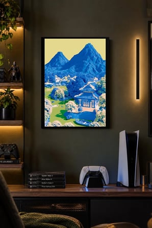 Mavi Dağlar ve Dağ Köyü Desenli Dekoratif MDF Tablo, Çerçeve Görünümlü Ahşap Poster