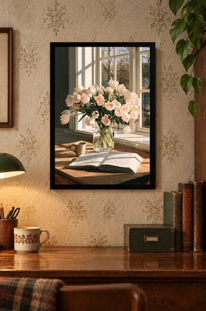 Pembe Çiçek Buketi Desenli Dekoratif MDF Tablo, Çerçeve Görünümlü Ahşap Poster