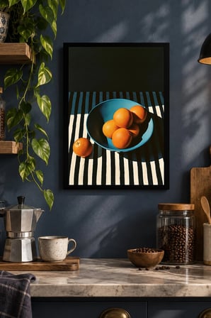 Turuncu Meyveler ve Mavi Kase Desenli Dekoratif MDF Tablo, Çerçeve Görünümlü Ahşap Poster