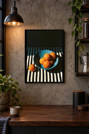 Turuncu Meyveler ve Mavi Kase Desenli Dekoratif MDF Tablo, Çerçeve Görünümlü Ahşap Poster