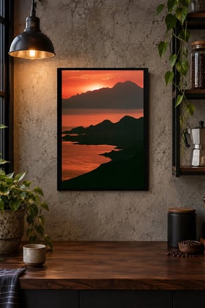 Kızıl Günbatımı ve Dağ Siluetleri Desenli Dekoratif MDF Tablo, Çerçeve Görünümlü Ahşap Poster