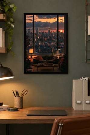 Gün Batımında Şehir Manzarası Desenli Dekoratif MDF Tablo, Çerçeve Görünümlü Ahşap Poster