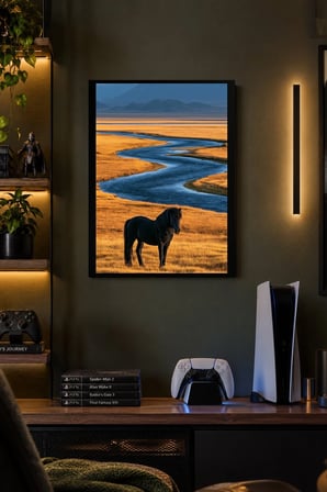 Altın Ovada Hayvan Silueti Desenli Dekoratif MDF Tablo, Çerçeve Görünümlü Ahşap Poster