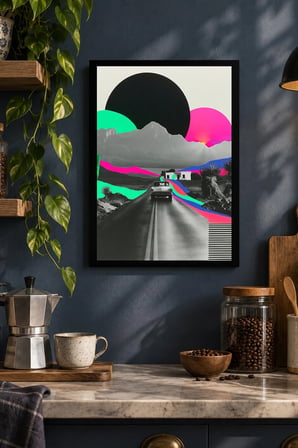 Renkli Geometrik Yol ve Dağlar Desenli Dekoratif MDF Tablo, Çerçeve Görünümlü Ahşap Poster
