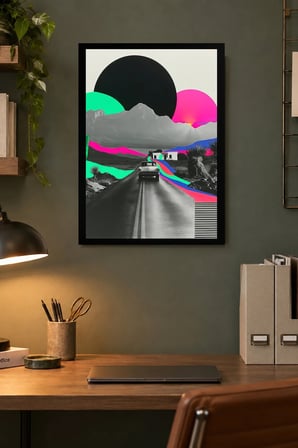 Renkli Geometrik Yol ve Dağlar Desenli Dekoratif MDF Tablo, Çerçeve Görünümlü Ahşap Poster