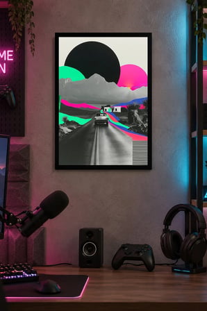 Renkli Geometrik Yol ve Dağlar Desenli Dekoratif MDF Tablo, Çerçeve Görünümlü Ahşap Poster