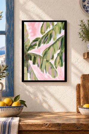 Pembe Yeşil Soyut Yapraklar Desenli Dekoratif MDF Tablo, Çerçeve Görünümlü Ahşap Poster