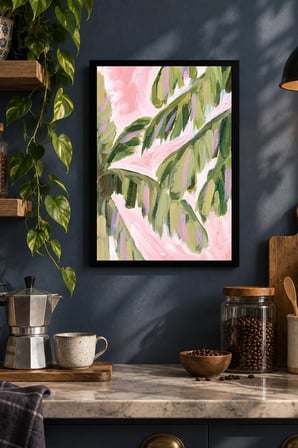 Pembe Yeşil Soyut Yapraklar Desenli Dekoratif MDF Tablo, Çerçeve Görünümlü Ahşap Poster