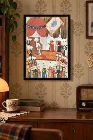 Renkli Pazar Sahnesi Desenli Dekoratif MDF Tablo, Çerçeve Görünümlü Ahşap Poster