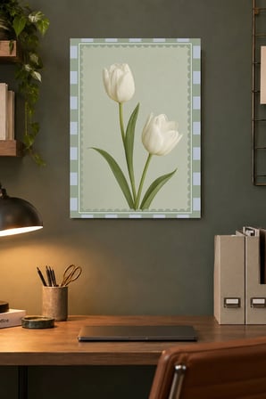 Beyaz Çiçekler ve Yeşil Saplar Desenli Dekoratif MDF Tablo, Çerçeve Görünümlü Ahşap Poster