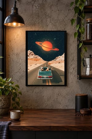 Gezegenli Yol ve Klasik Otomobil Desenli Dekoratif MDF Tablo, Çerçeve Görünümlü Ahşap Poster