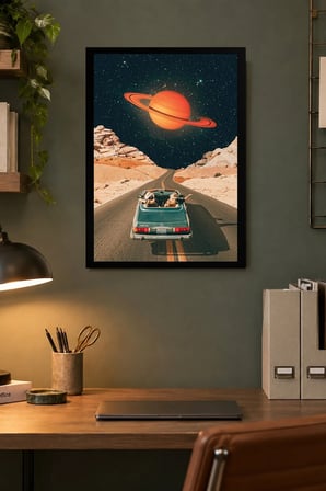 Gezegenli Yol ve Klasik Otomobil Desenli Dekoratif MDF Tablo, Çerçeve Görünümlü Ahşap Poster
