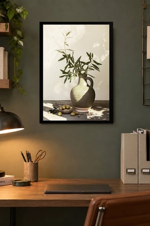Yuvarlak Vazoda Yeşil Dallar Desenli Dekoratif MDF Tablo, Çerçeve Görünümlü Ahşap Poster